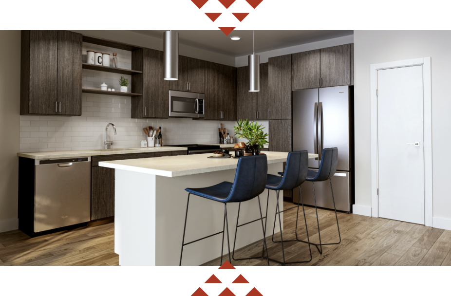 Ferro kitchen with espresso wood cabinets, white counters and center island